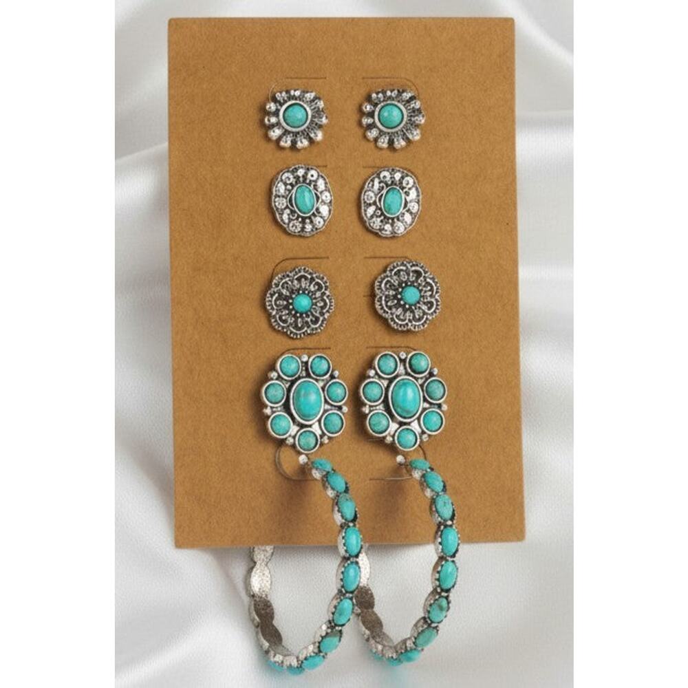 4PC-Pierced silver and turquoise stone stud and hoop earrings
